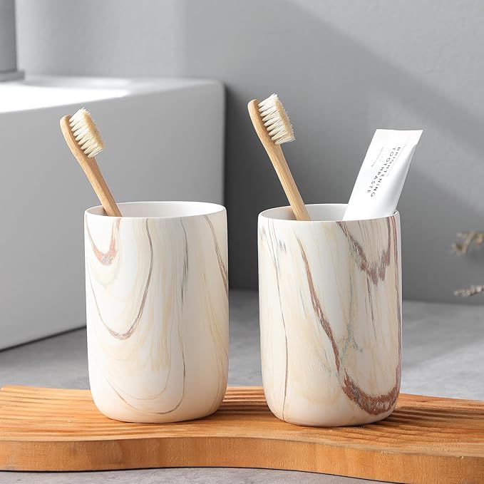 Brown Marble Toothbrush Holders - Ceramic Toothbrush Holders for Bathrooms, Toothbrush Toothpaste Holders, 2 Marble Bathroom Tumbler Cups Reusable Toothbrush Mouthwash Cup, Bathroom Counter Organizer