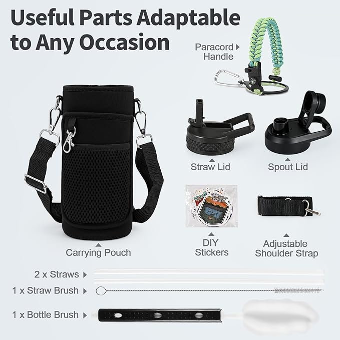 40 oz Insulated Water Bottle with Straw (Cold for 48 Hrs), Stainless Steel Triple Wall Vacuum Sports Water Jug, Leakproof Hydro Cup Flask with Paracord Handle & Straw Spout Lids & DIY Stickers-StrideForce Fitness