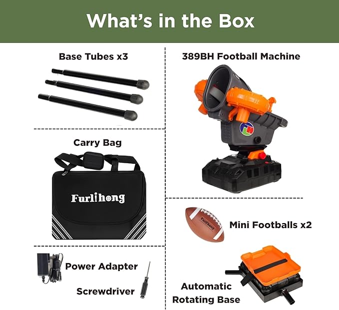 Furlihong 389BH Football Machine for Kids & Teens, Automatic & Manual Thrower, 3 Adjustable Angles, Left-Right Oscillation, Ideal for Catch & Pass Drills-StrideForce Fitness