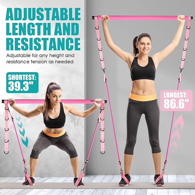 Pilates Bar Kit With Resistance Bands, Workout Equipment for Legs, Hip, Waist, Arm, Squats Exercise Equipment for Home Workouts, Adjustable 3-Section Bar Kit for Women & Men