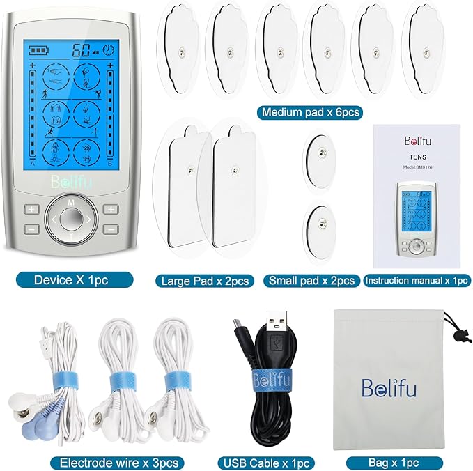 Belifu Dual Channel TENS EMS Unit 24 Modes Muscle Stimulator for Pain Relief Therapy, Electronic Pulse Massager Muscle Massager with 10 Pads, Dust-Proof Drawstring Storage Bag, Fastening Cable Ties