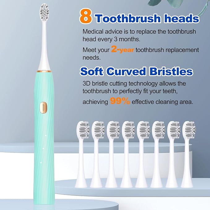 FXQQZZ Electric Toothbrush for Adults and Kids, with Tongue Scraper and Travel Case, 8 Brush Head, Smart Timer & 4 Modes Rechargeable Toothbrush, 42000 VPM Deep Clean, One Charge Last 90 Days -Blue