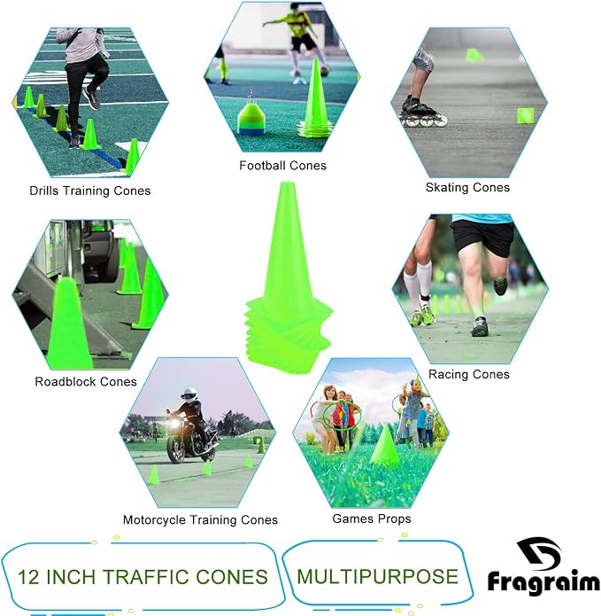 12 Inch Traffic Training Cones, Plastic Safety Parking Cones, Agility Field Marker Cones for Soccer Basketball Football Drills Training, Outdoor Sport Activity & Festive Events - 6 Colors-StrideForce Fitness