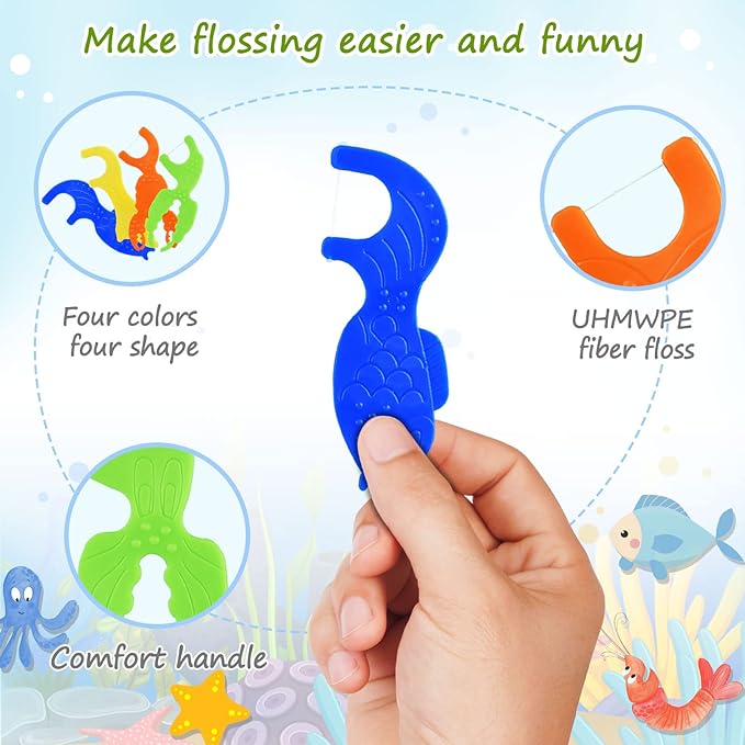 Kids Flossers, Kids Dental Floss Picks Without Fluoride, Unflavored, 4 Colors Ocean Animals Shaped Makes Flossing Fun, 50 Count (Pack of 2)