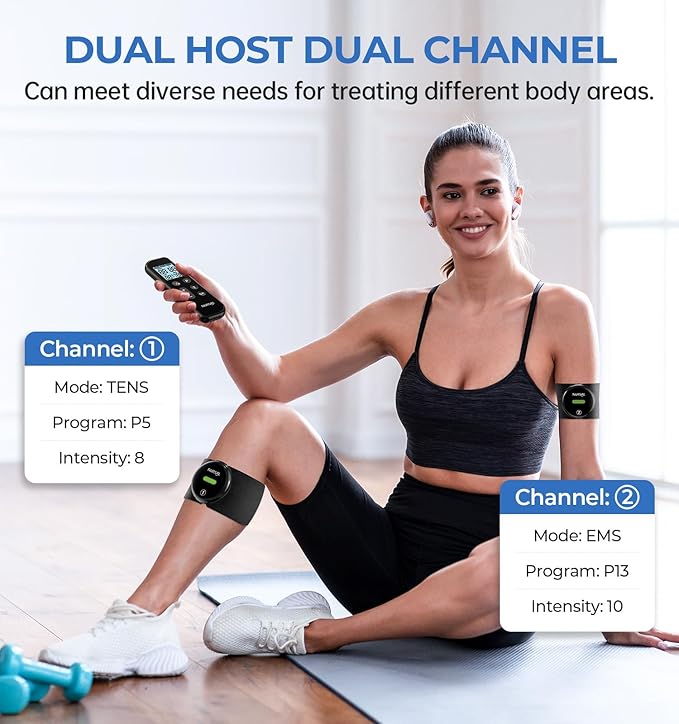 NURSAL Wireless TENS Unit Muscle Stimulator, Dual Host TENS EMS Machine for Pain Relief, 18 Modes 20 Intensity Remote Control Pulse Physical Electrotherapy for Back Shoulder Pain (2 Pads)