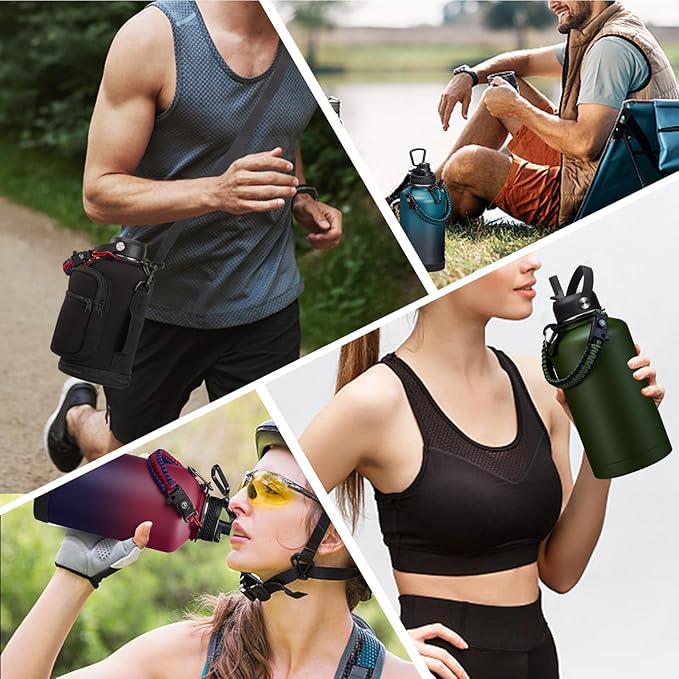 64oz Insulated Water Bottle with Straw & Auto Spout Lid - (Cold 48H & Hot 24H) Half Gallon Stainless Steel Water Jug with Paracord Handle, Metal Tactical Military Water Flask with Carrier Strap Bag-StrideForce Fitness