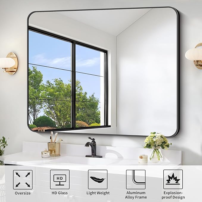FORBATH Black Bathroom Mirror 40 x 48 Inch, Rectangular Vanity Mirror Wall Rounded Corner Metal Framed Bathroom Mirror for Living Room Bedroom Entryway Decor (Horizontal/Vertical)-StrideForce Fitness