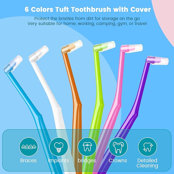 Fregum End Tuft Toothbrush for Orthodontic, Soft Bristles Angled Toothbrush for Braces, Implants, Retainers, Back Teeth, and Wisdom Teeth, 6 Pcs