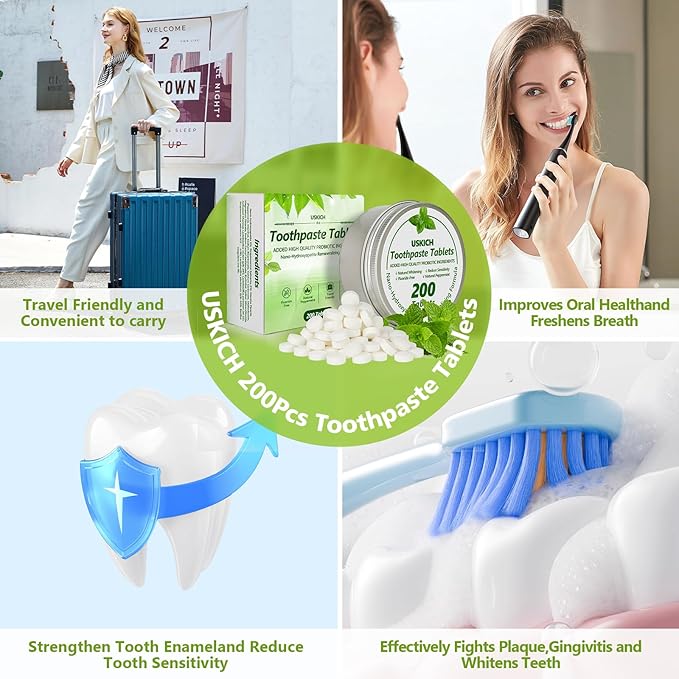 200 Pcs Toothpaste Tablets,Nano Hydroxyapatite with Probiotics, Reduce Sensitivity,Fluoride & Plastic Free, Eco Friendly & Travel Mouthwash Tablets