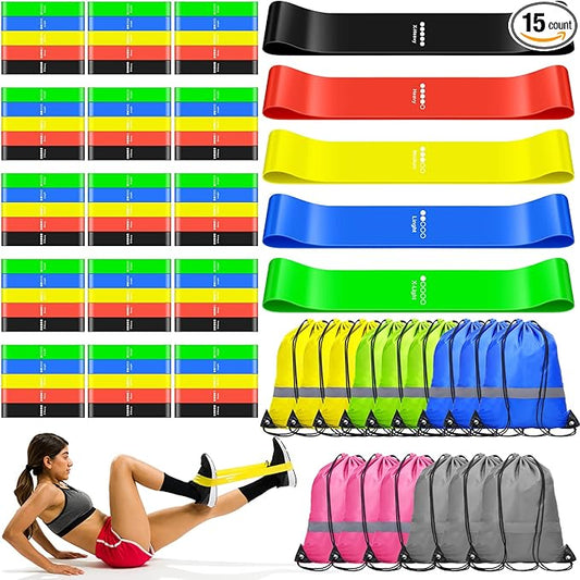 90 Pcs Workout Loop Resistance Bands Bulk, Gym Elastic Bands Set for Fitness Sport Class Students Members Gift Physical, 5 Pieces Each Set, with Large Drawstring Backpack Bags-StrideForce Fitness