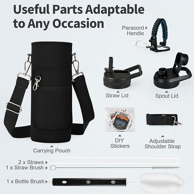 40 oz Insulated Water Bottle with Straw (Cold for 48 Hrs), Stainless Steel Triple Wall Vacuum Sports Water Jug, Leakproof Hydro Cup Flask with Paracord Handle & Straw Spout Lids & DIY Stickers-StrideForce Fitness