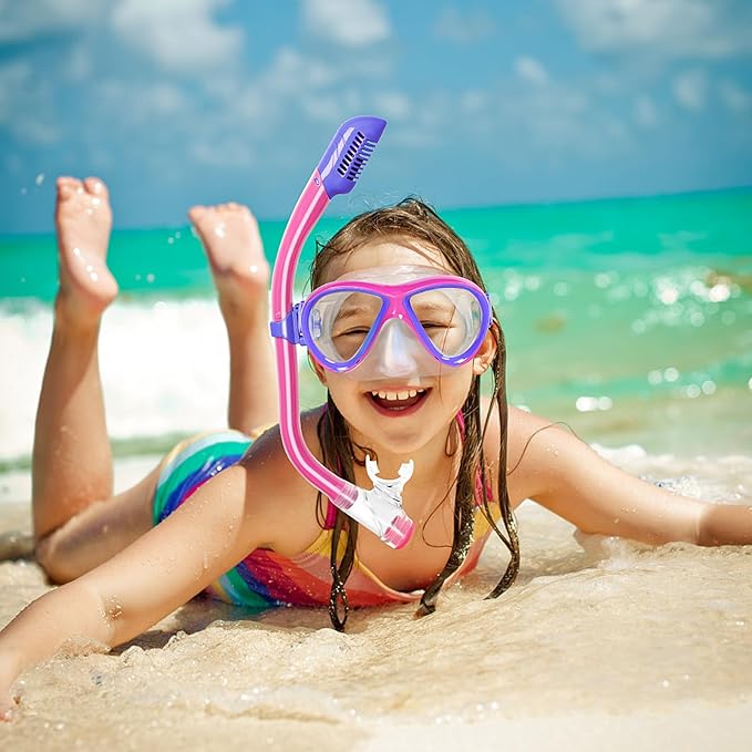 Kids Mask Fins Snorkel Set, Dry Top Snorkeling Gear for Kids Youth Boys Girls Junior Age 5-15 Tempered Glass Snorkel Mask Set Panoramic View Snorkeling Packages-StrideForce Fitness