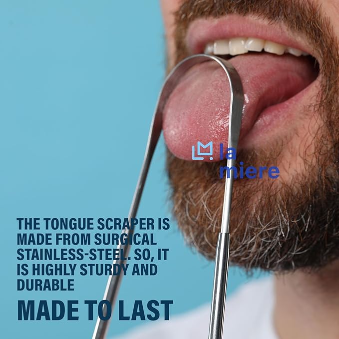 LA MIERE Tongue Scraper (2 Pack), 100% Stainless Steel, Easy to Use Tongue Scraper for Adults, Tongue Cleaner