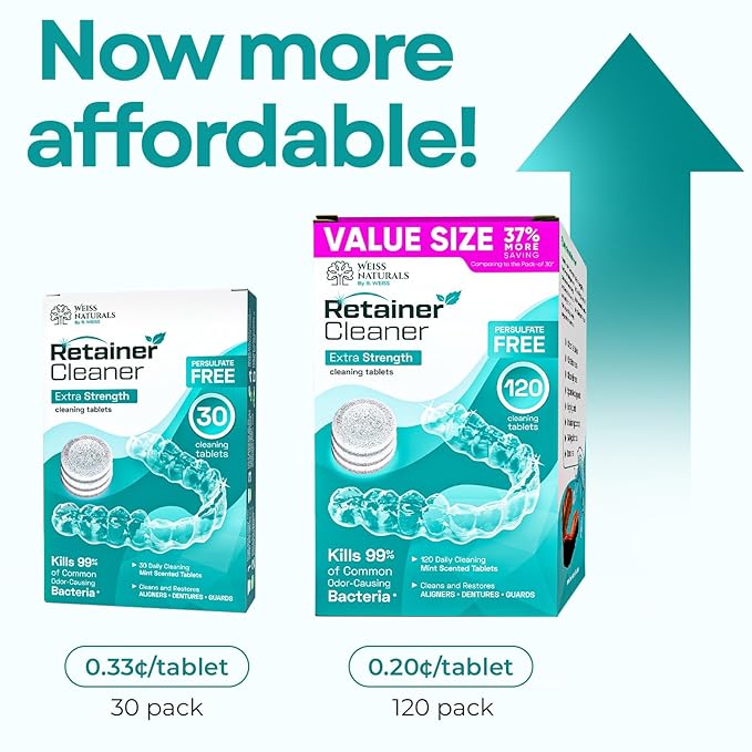 Weiss Naturals Retainer Cleaner Tablets, Invisalign Cleaner, Remove Stains, Odors & Plaque, PERSULFATE FREE Night Guard & Denture Cleaner 2-Month Supply, 60 Mint Scented Tablets