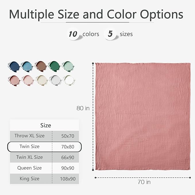 Carriediosa 100% Cotton Muslin Throw Blanket 70" X 80" Twin Size,4-Layers Summer Gauze Throws for Bed Couch,Soft Lightweight Breathable Linen Blankets Bedspread for Adults All Season,Mauve-StrideForce Fitness