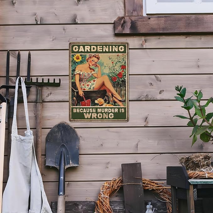 Gardening Because Murder Is Wrong Vintage Metal Tin Sign Rustic Wall Decor Outdoor Garden Art Yard Plaque Retro Home Decor Gift for Women Gardener Lovers 12 * 16inch-StrideForce Fitness