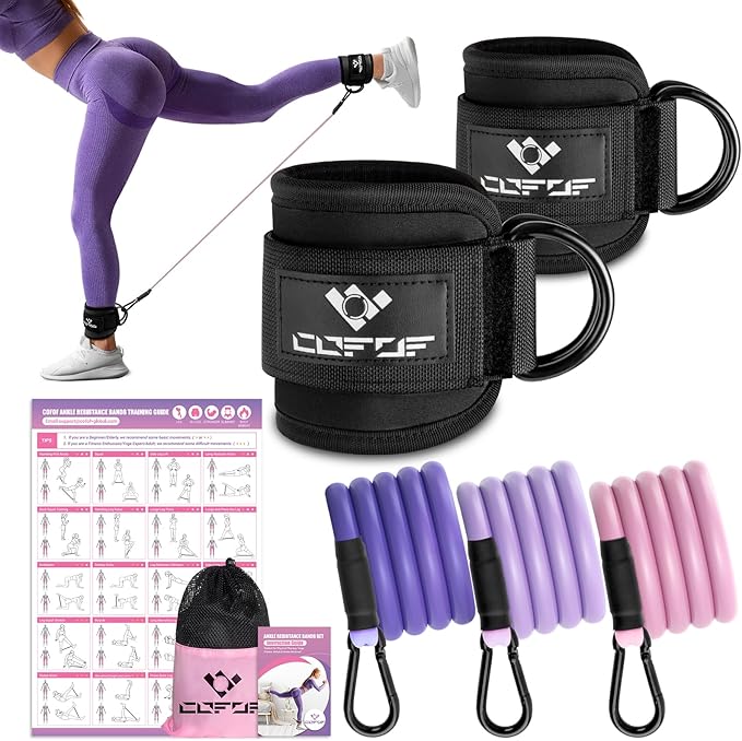 Ankle Resistance Bands With Cuffs for Working Out, Kickbacks, Hip, Leg and Glute Exercise - Training Poster Included - for Women