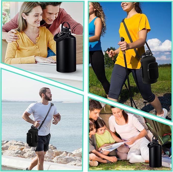 128OZ Insulated Water-Bottles with Strap - 1 Gallon Large Water Jug with Straw & Spout Lid, Stainless Steel Water Bottle Leak Proof, Cold-48h Hot-24h Metal Water Flask w/Paracord Handle, Carrier Bag-StrideForce Fitness