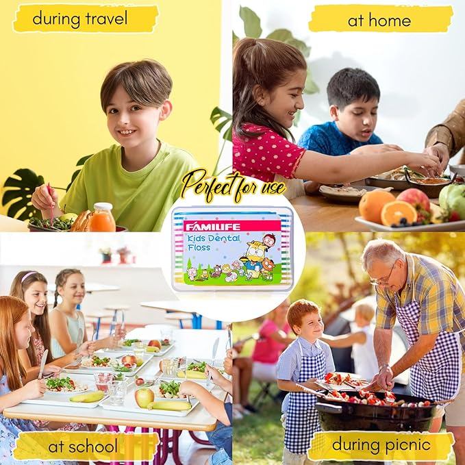 FAMILIFE Kid Floss Picks, 120 Picks Kid's Dental Floss Picks Without Fluoride, Kid Flossers with 4 Travel Handy Cases, Helps to Fight Tooth Decay and Keep Your Kids’ Teeth Clean