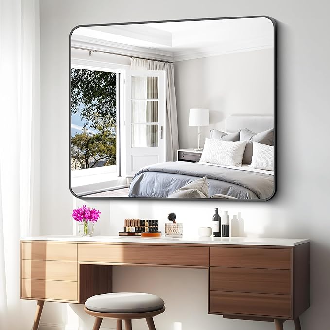 Black Bathroom Mirror,40x48 inch Wall Mirror for Bathroom Wall Mounted,Rectangle Mirror for Bathroom Over Sink,Modern Frame Round Corner for Living Room,Bedroom Entryway,Horizontal/Vertical-StrideForce Fitness