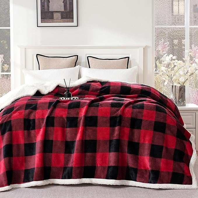PU MEI Sherpa Fleece Throw Blanket 60" x 80" Reversible Plush Fluffy Large Big Blanket Lattice Flannel Blankets for All Season Use, Red and Black-StrideForce Fitness