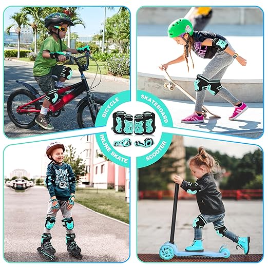 2PM SPORTS Knee Pads for Kids, Wrist Guards Knee and Elbow Pads Set with Drawstring Bag, Protective Gear Set for Girls Boys Roller Skating Cycling Skateboard - Mint Small-StrideForce Fitness