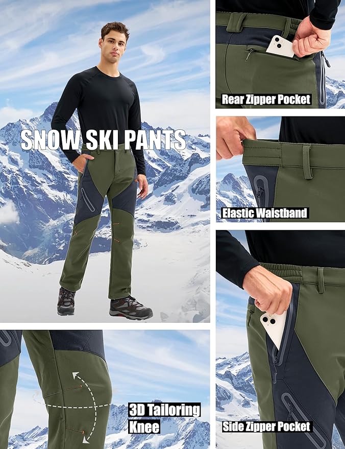 MAGCOMSEN Men's Snow Ski Pants Fleece Lined Water Resistant Winter Pants with 4 Zip Pockets for Snowboard Hiking Outdoor