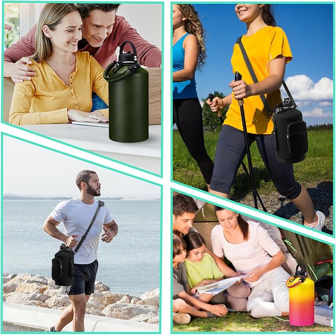 128 OZ Insulated Water-Bottles with Strap - 1 Gallon Water Jug with Straw & Spout Lid, Stainless Steel Large Water Bottle Leak Proof, Cold-48h Hot-24h Metal Water Flask w/Paracord Handle, Carrier Bag-StrideForce Fitness