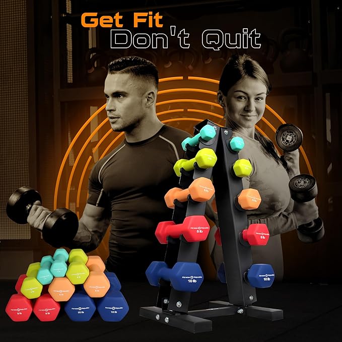 Neoprene Workout Dumbbell set with Rack 2.00MM - Non Slip, Anti Roll & Hex Shape - Fitness Dumbbells Combo, Space Saving Ideal for Home and Gym training-StrideForce Fitness