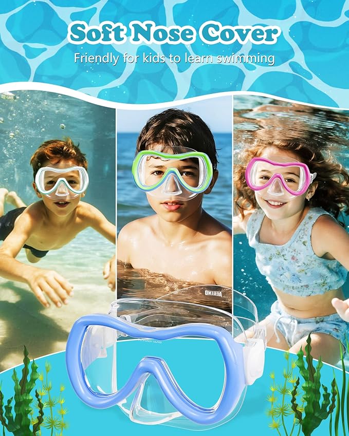 Aegend Kids Swim Mask Goggles, Tempered Glass 180° HD Wide View with Nose Cover-StrideForce Fitness