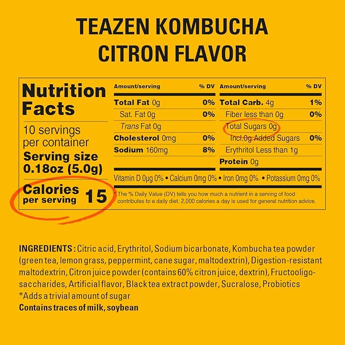 TEAZEN Citron Kombucha Tea, Hydration Drink Mix, Sugar Free, Live Probiotics & Prebiotics, 10 Sticks, 1.76oz-StrideForce Fitness