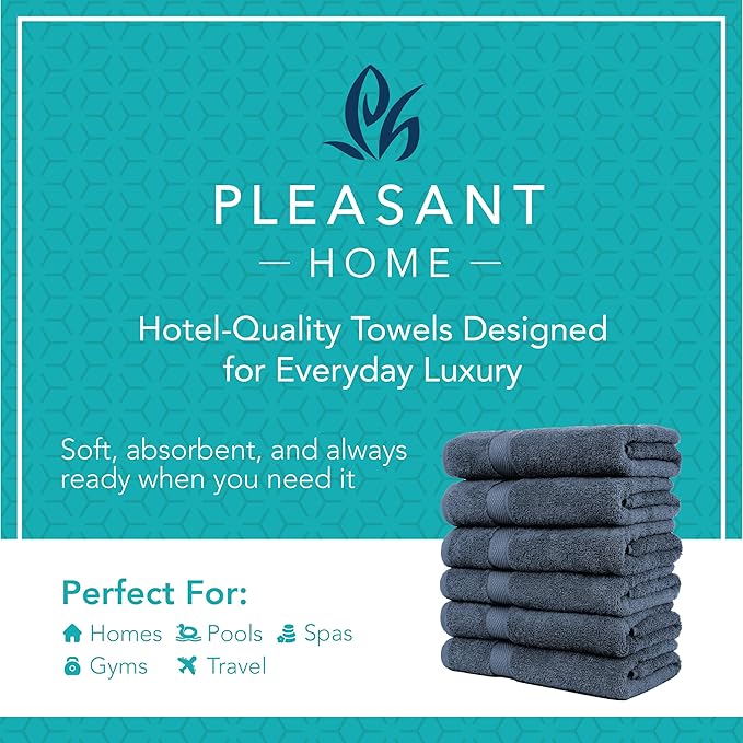 Pleasant Home Bath Towels Set of 6 (24” x 50”) 100% Cotton, 515 GSM | Lightweight, Soft & Absorbent Luxury Towels for Bathroom | for Gym, Pool & Spa | 6 Pack, Navy-StrideForce Fitness