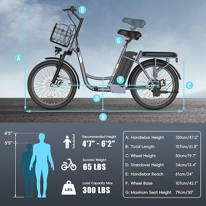 Caroma Electric Scooter with Seat, 48V Removable Battery E-Bike, Up to 30Miles&20MPH, 500/800/1200W Motor, 20" Fat Tire Adult Electric Bicycles for Commuting with Basket-StrideForce Fitness