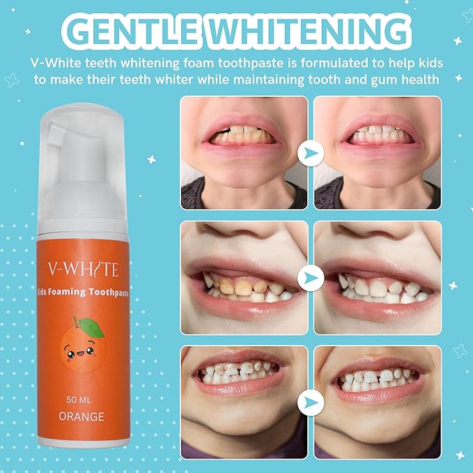 V-White Foam Teeth Whitening Toothpaste - Organic Toothpaste Fluoride Free, Alcohol Free, pH Balanced - Deep Cleansing, Stain Removal, Travel Friendly, for Kids & Adults (Large, Orange)