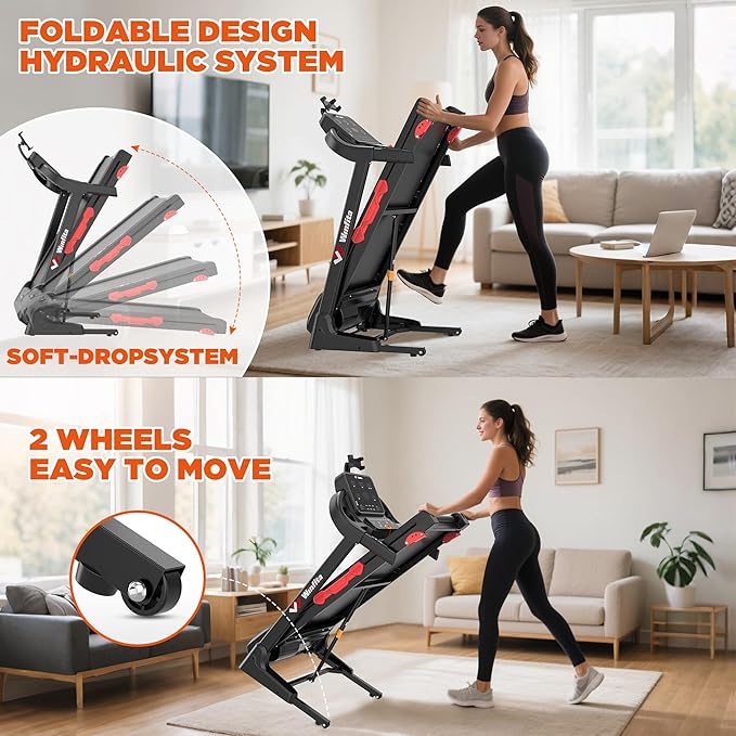 Treadmill with Incline, 300 LBS Capacity, 8 MPH or 10 MPH Speed, Bluetooth, App, Pause Function, Folding Treadmills for Home with 64 Programs, 17'' or 18'' Wide Belt, Heart Rate, BMI Detector-StrideForce Fitness