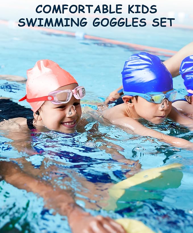 Kids Swim Goggles, Swimming Goggles for Kids Toddlers 3-14 with Swim Cap, Nose Clip, Nose Bridge, Ear Plugs-StrideForce Fitness