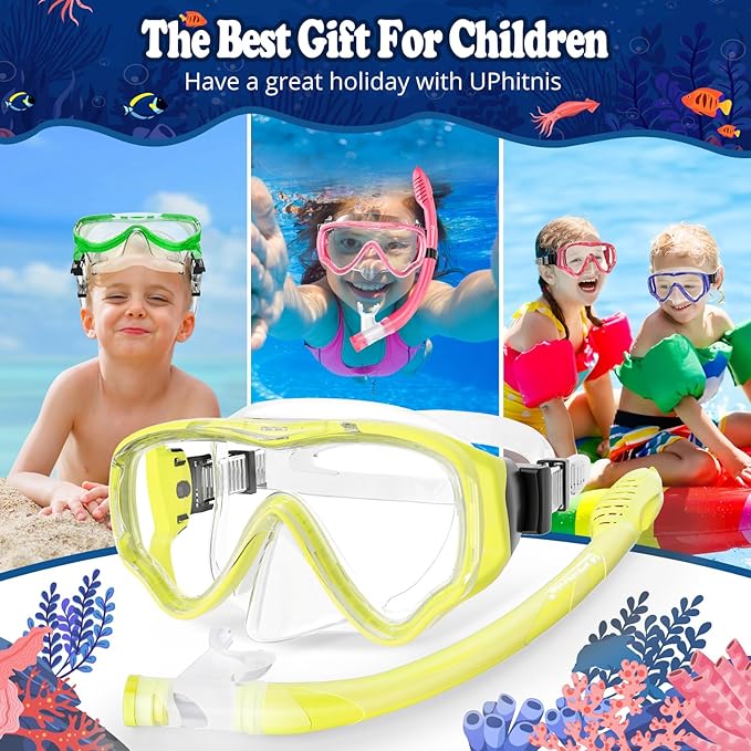 U PHITNIS Kids Snorkel Set for Age 4-14 - Dry Top Snorkeling Gear for Kids Junior & Youth - Childs Diving Mask with Big Eyes for Boys Girls - Anti-Fog Snorkeling Mask and Snorkel Set-StrideForce Fitness