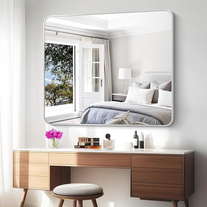 Silver Bathroom Mirror,40x48 inch Wall Mirror for Bathroom Wall Mounted,Rectangle Mirror for Bathroom Over Sink,Modern Frame Round Corner for Living Room,Bedroom Entryway,Horizontal/Vertical-StrideForce Fitness