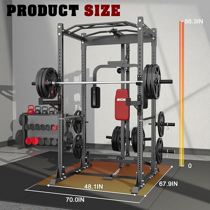 BEKING Power Cage, 2000LBS Power Squat Rack with LAT Pulldown, 2.36" ×2.36" Multi-Functional Squat Cage with Pulley System and More Training Attachments for Home Gym-StrideForce Fitness