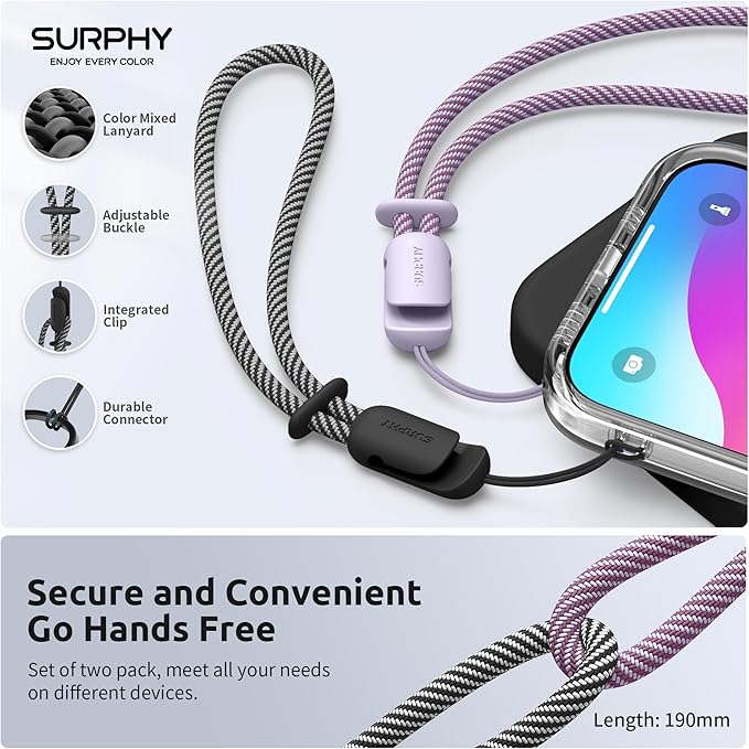 SURPHY 2 Pack Phone Lanyard for Cellphone Case, Phone Wrist Strap for Case, Cellphone Strap with 2-Color Braided, Charm Wrist Lanyard for Women, Cellphone Wrist Lanyard for Women, Black & Lilac