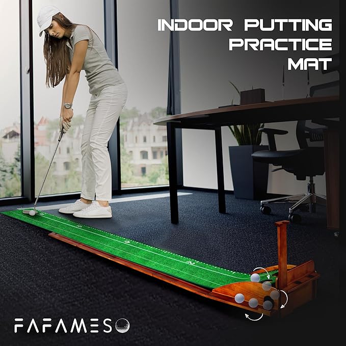 Golf Putting Mat with Ball Return, Indoor Putting Green Training Equipment for Home Office, Mini Golf Practice Aid, Portable Golf Training Mat for Men & Women-StrideForce Fitness