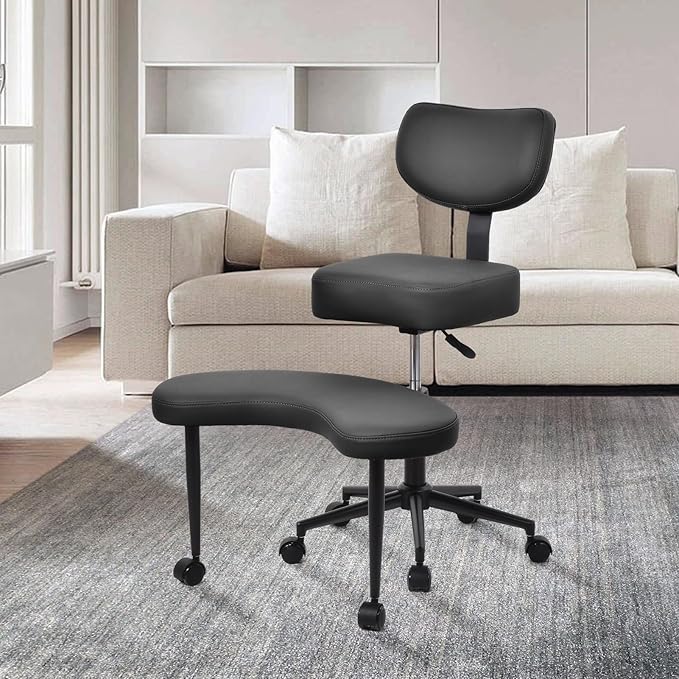 Meditation Chair Cross Legged ADHD Office Chair for Adults with Wheels Ergonomic Back Support and Leg Rest for Multi Position Criss Cross Sitting Kneeling and Yoga Height Adjustable, Leather Style-StrideForce Fitness