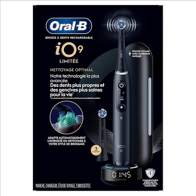 Oral-B iO Series 9 Limited Rechargeable Black Electric Toothbrush with (2) Ultimate Clean and (1) Gentle Care Replacement Brush Heads, Black, Travel Case and Charger