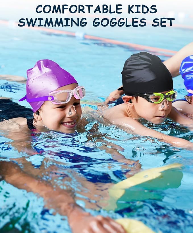 Kids Swim Goggles, Swimming Goggles for Kids Toddlers 3-14 with Swim Cap, Nose Clip, Nose Bridge, Ear Plugs-StrideForce Fitness