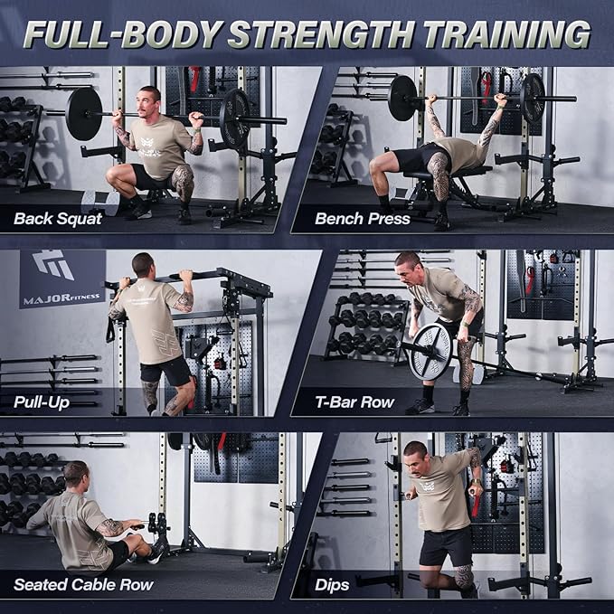 MAJOR FITNESS Drone3 Power Rack, Multi-Function Home Gym Squat Rack with Pull-Up Bar, Cable Crossover & J-Hooks, Heavy-Duty Steel Frame for Maximum Stability & Strength Training-StrideForce Fitness