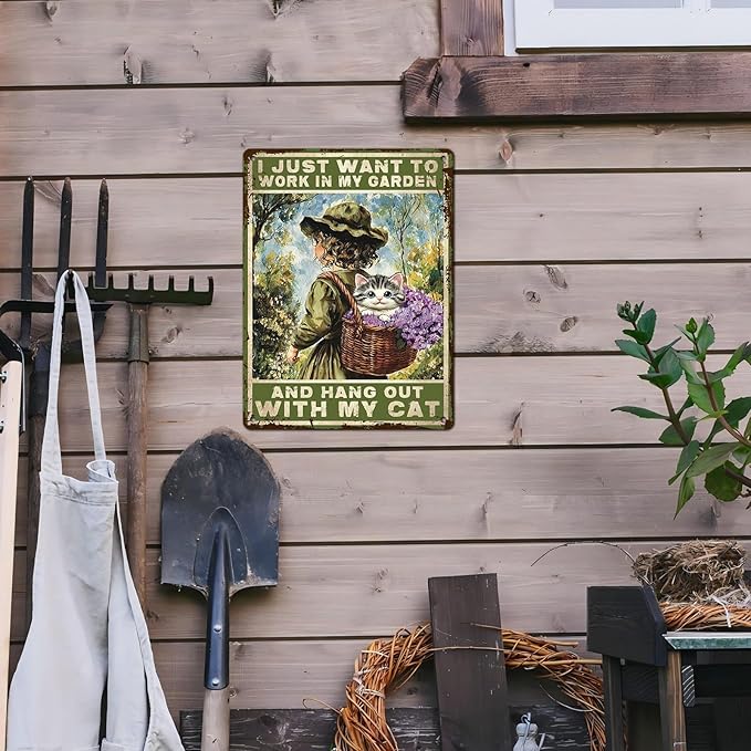 Garden Sign I Just Want To Work In My Garden and Hang Out With My Cat Vintage Metal Tin Sign Retro for Home Patio Backyard 12 * 16inch-StrideForce Fitness