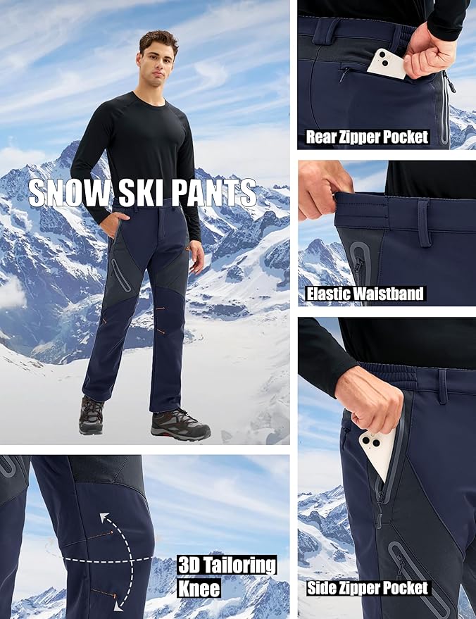 MAGCOMSEN Men's Snow Ski Pants Fleece Lined Water Resistant Winter Pants with 4 Zip Pockets for Snowboard Hiking Outdoor