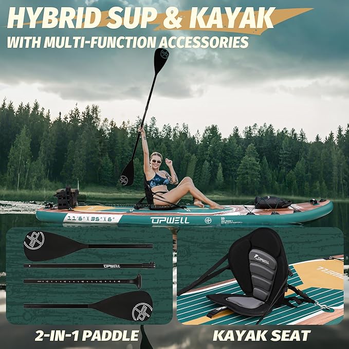 UPWELL 10'6"/11'/11'6" Inflatable Paddle Board, Stand Up Paddlboard for Youth & Adults, Stable Design, Premium SUP Accessories, Backpack, Leash, Hand Pump, Fins-StrideForce Fitness