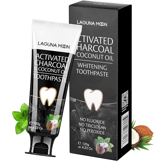 Lagunamoon Whitening Charcoal Toothpaste for Sensitive Teeth, Enamel Repair, Cavity Protection - Natural Toothpaste for Whitening, Removing Stains, Mint Flavor Freshen Breath Mint Gel - No Peroxide