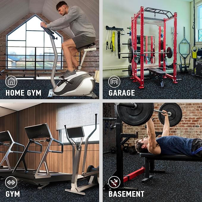 AIRHOP 0.56in Thick 24 Sq Ft Exercise Equipment Mats, 6 Tiles Upgraded Rubber Top with High Density EVA Foam, Large Interlocking Puzzle Gym Flooring for Home Gym, Heavy Weight Workout,Black & Blue-StrideForce Fitness